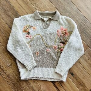 Needles & Yarn Women’s Vintage Sweater Sz M Cream Floral Embellished Gra…